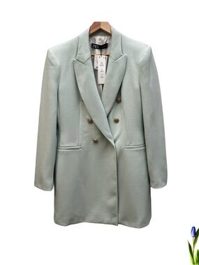 Zara Double-Breasted Pastel Mint Long Blazer Gold Buttons Size L